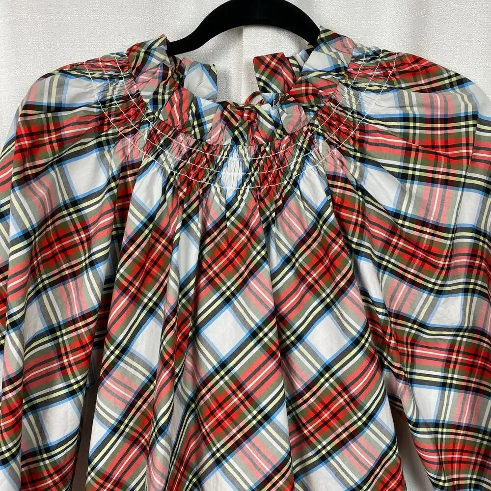 J.Crew Tartan Plaid Smocked Neck Popover Blouse Sz.XS
